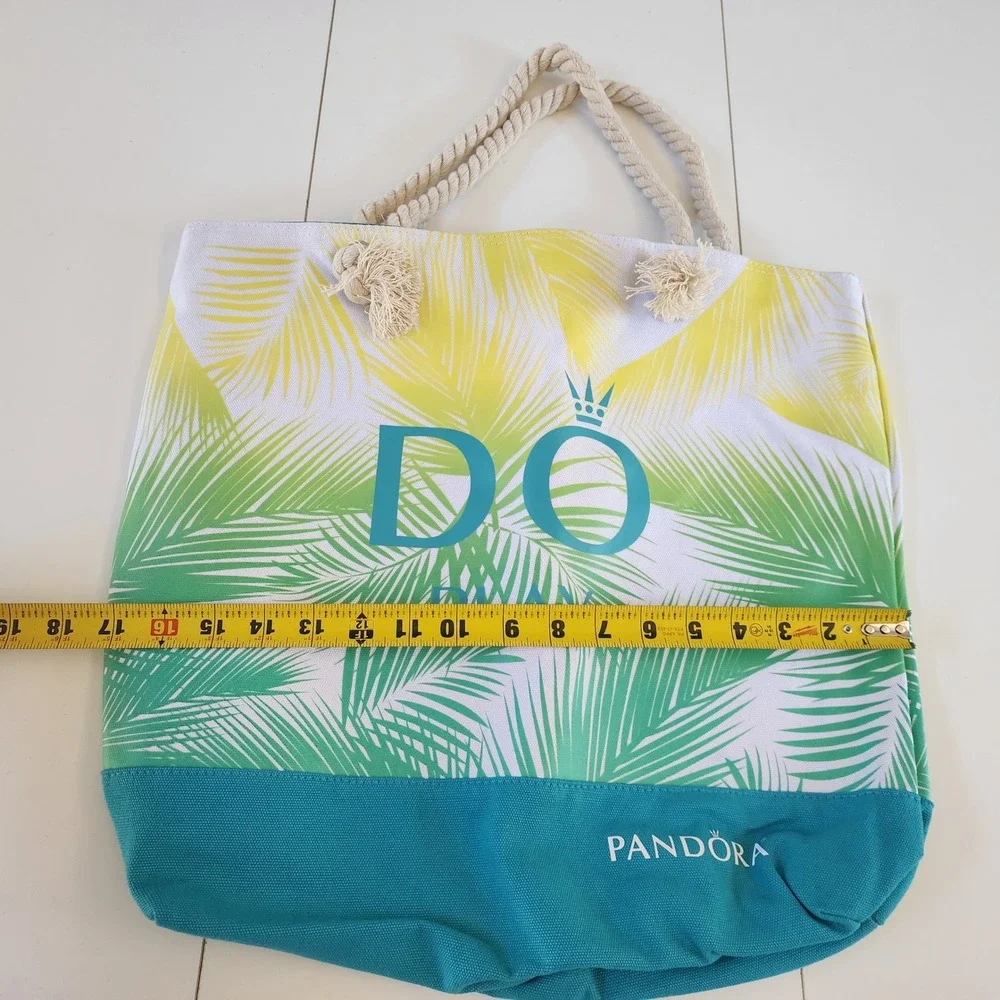 Pandora DO Play Tropical Palm Leaf Canvas Tote Bag Teal Green Yellow Rope Handle